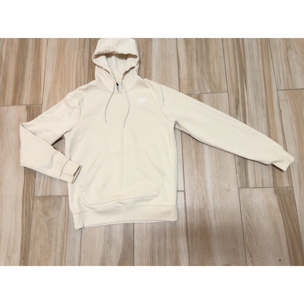 REEBOK Men's Beige Pullover Fleece Hoodie Kangaroo Pocket & Drawstring Sz Medium
